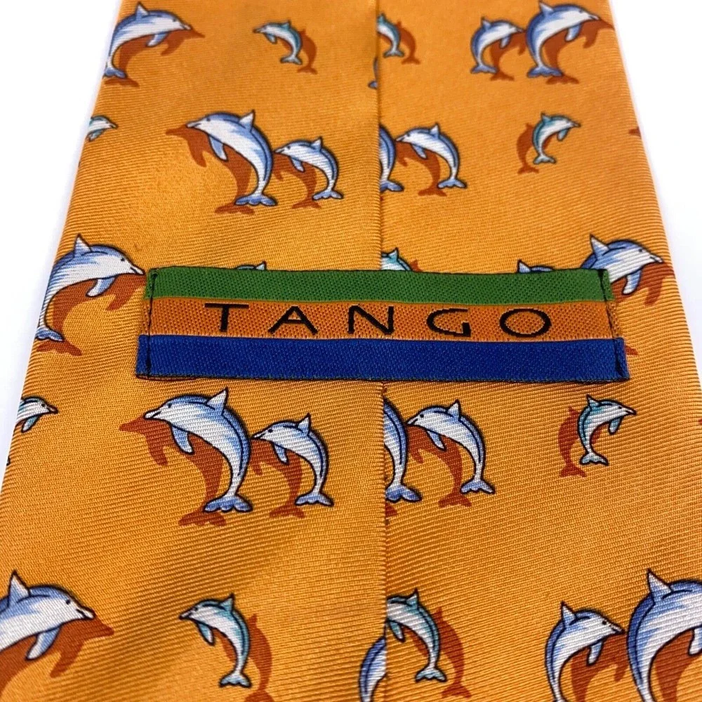 TANGO Tie Orange All Silk Marine Animal Dolphins Men's Necktie Made in Korea 58
